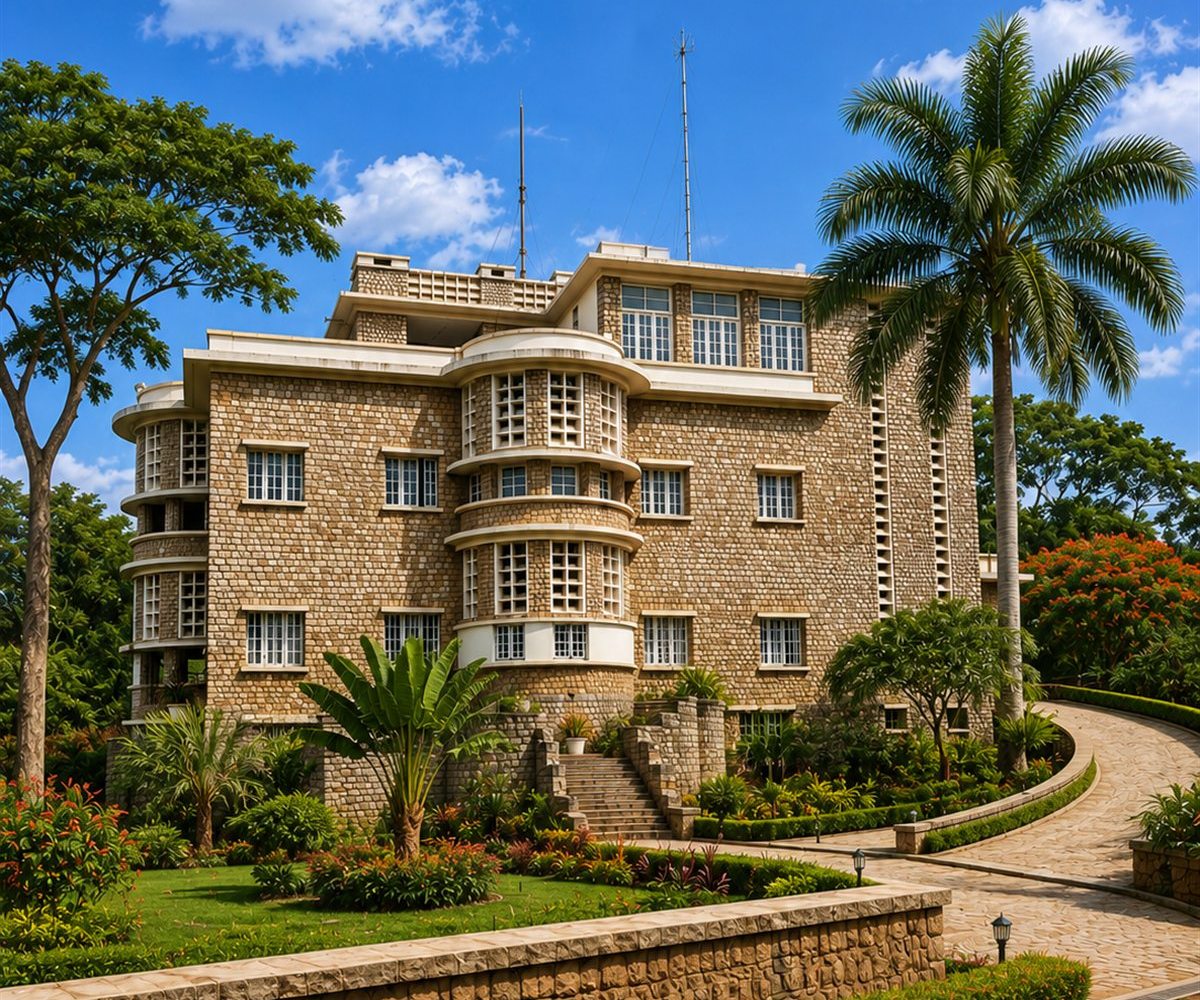 Le bâtiment principal du campus KIAMI, en pierre, entouré de palmiers et de jardins.