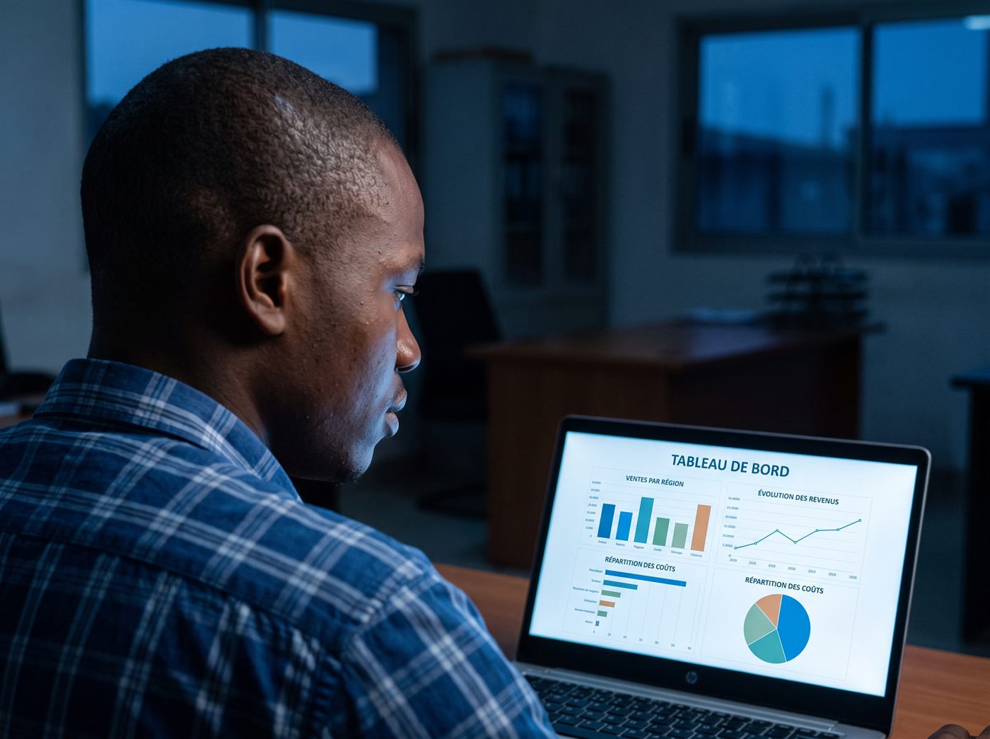Un étudiant analyse un tableau de bord de gestion affiché sur son ordinateur portable.