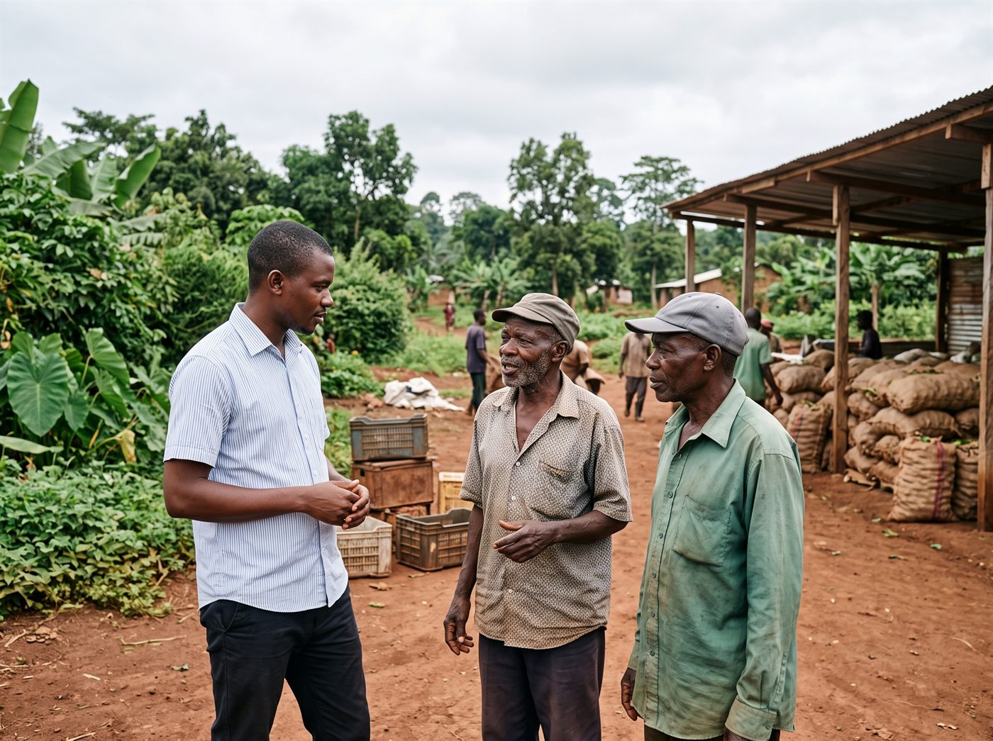 Un jeune gestionnaire écoute deux producteurs dans la cour d’une coopérative agricole.