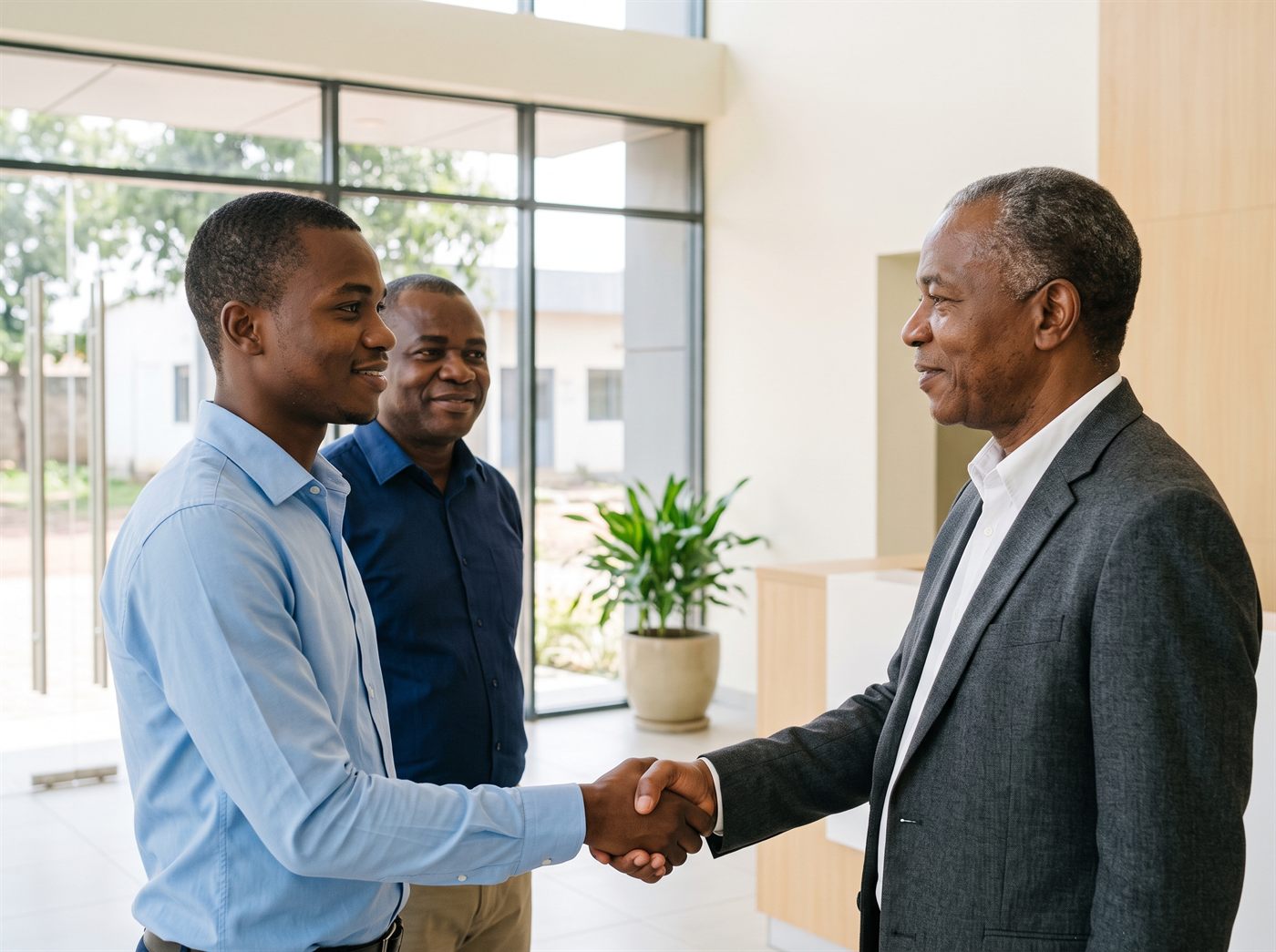 Poignée de main entre un jeune diplômé et un dirigeant d’entreprise dans un hall d’accueil.