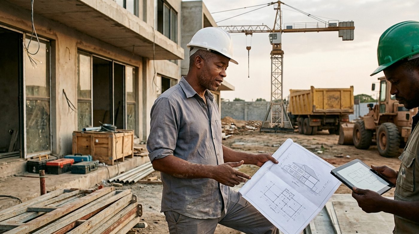 Le fondateur d’une entreprise de construction commente un plan avec son contremaître, sur un chantier avec grue et engins.