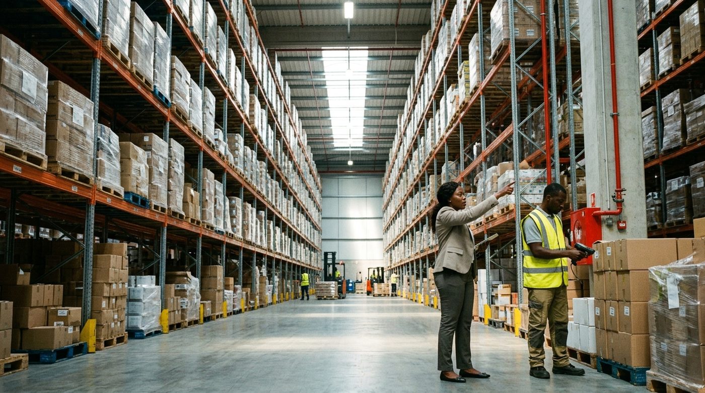 Une gestionnaire logistique dirige les opérations dans un entrepôt au rayonnage vertigineux, aux côtés d’un employé qui scanne une palette.