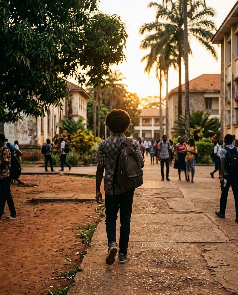Un étudiant traverse le campus de KIAMI en fin de journée.