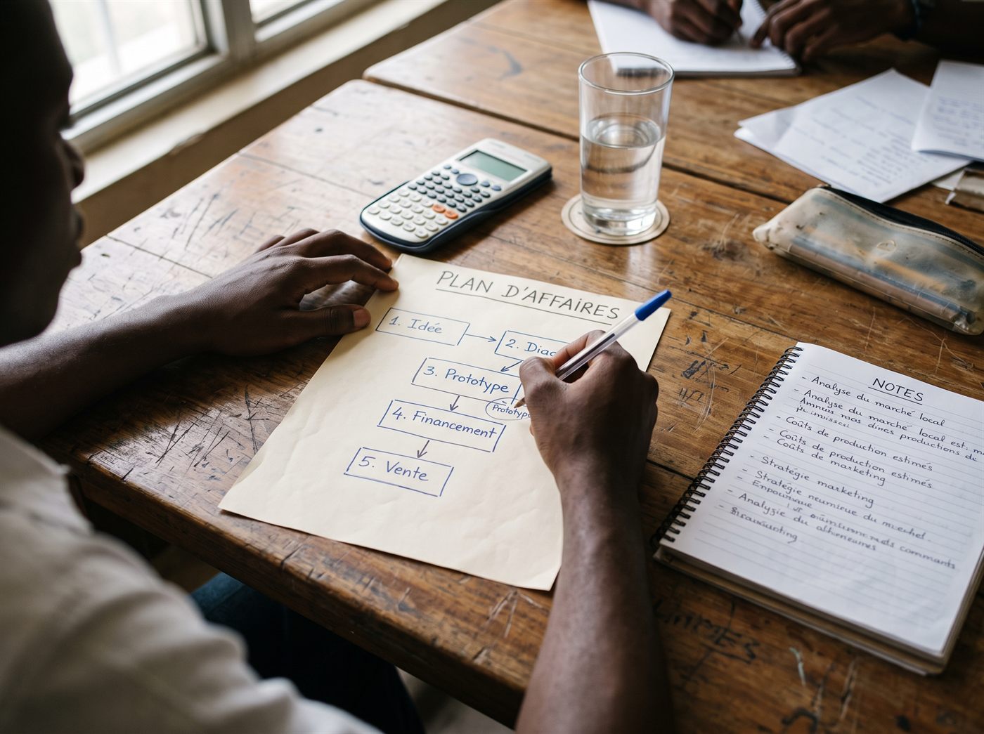 Les mains d’un étudiant annotent au stylo un plan d’affaires manuscrit posé sur une table de bois.