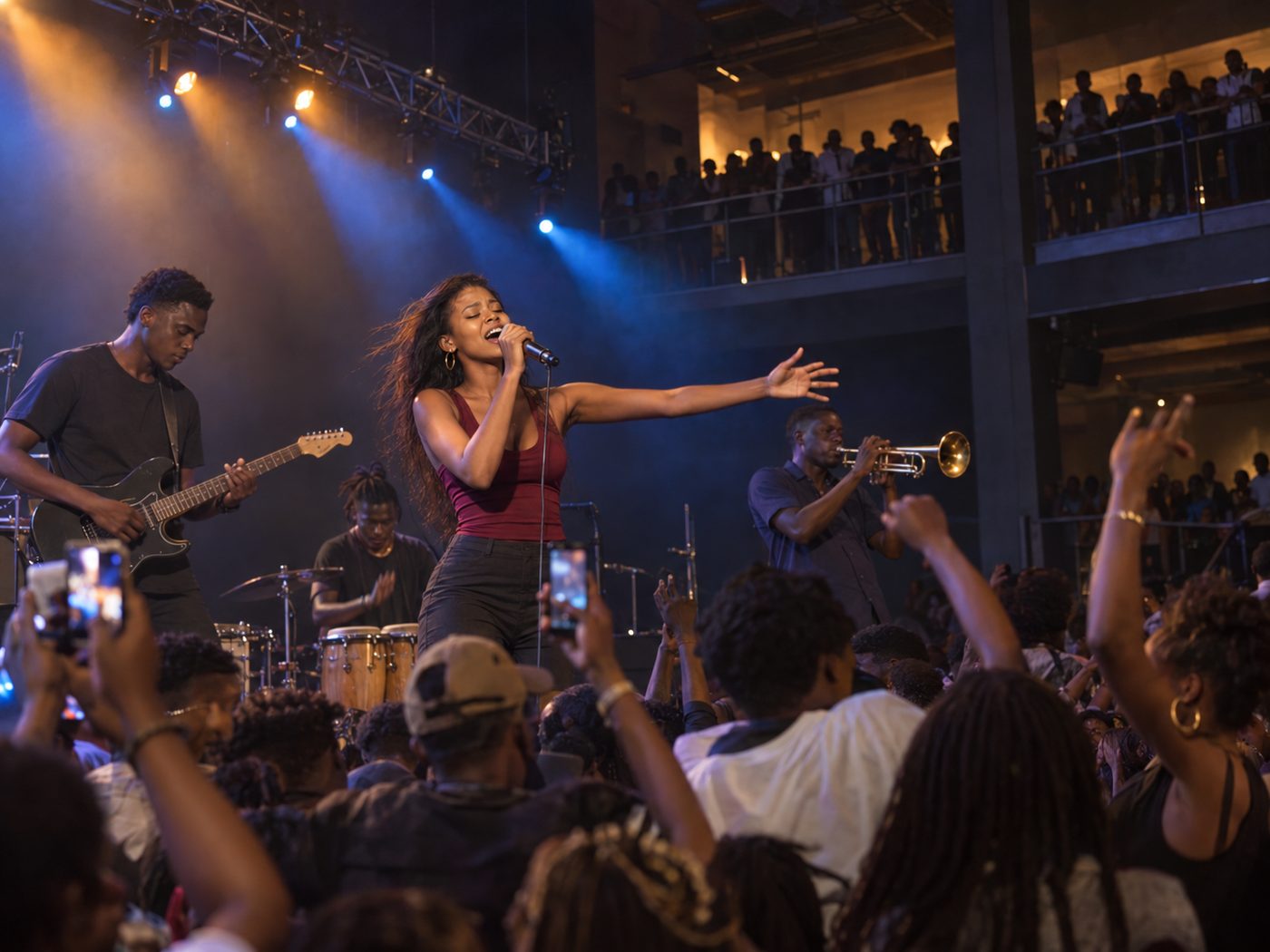 Une chanteuse se produit avec son groupe devant un public d’étudiants, lors d’un spectacle organisé par leur projet.