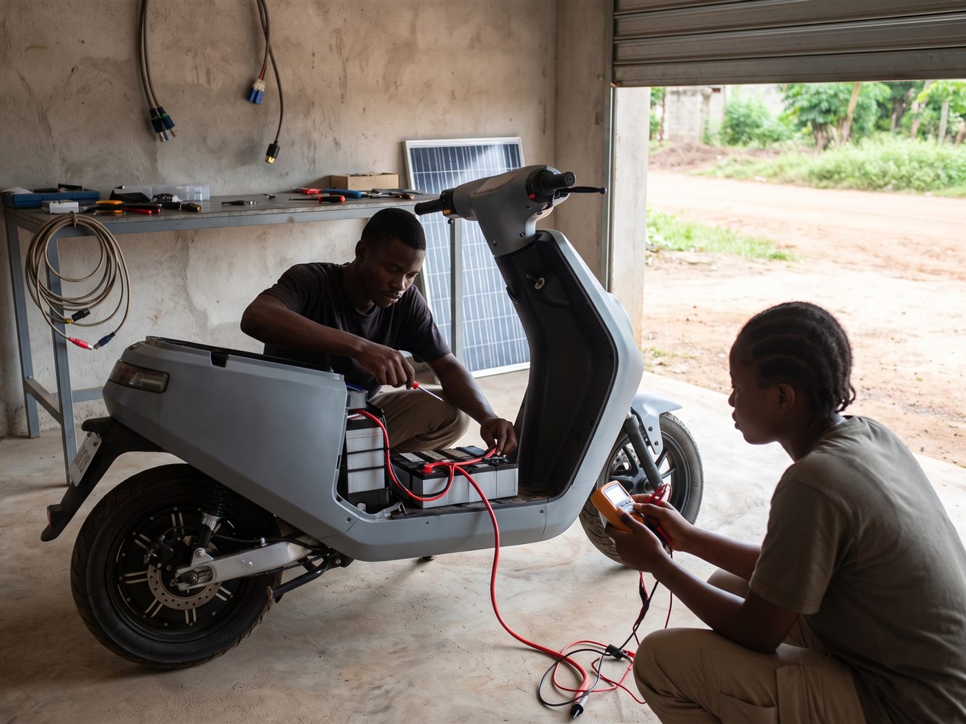 Deux étudiants câblent le pack de batteries du prototype de scooter électrique qu’ils ont construit.