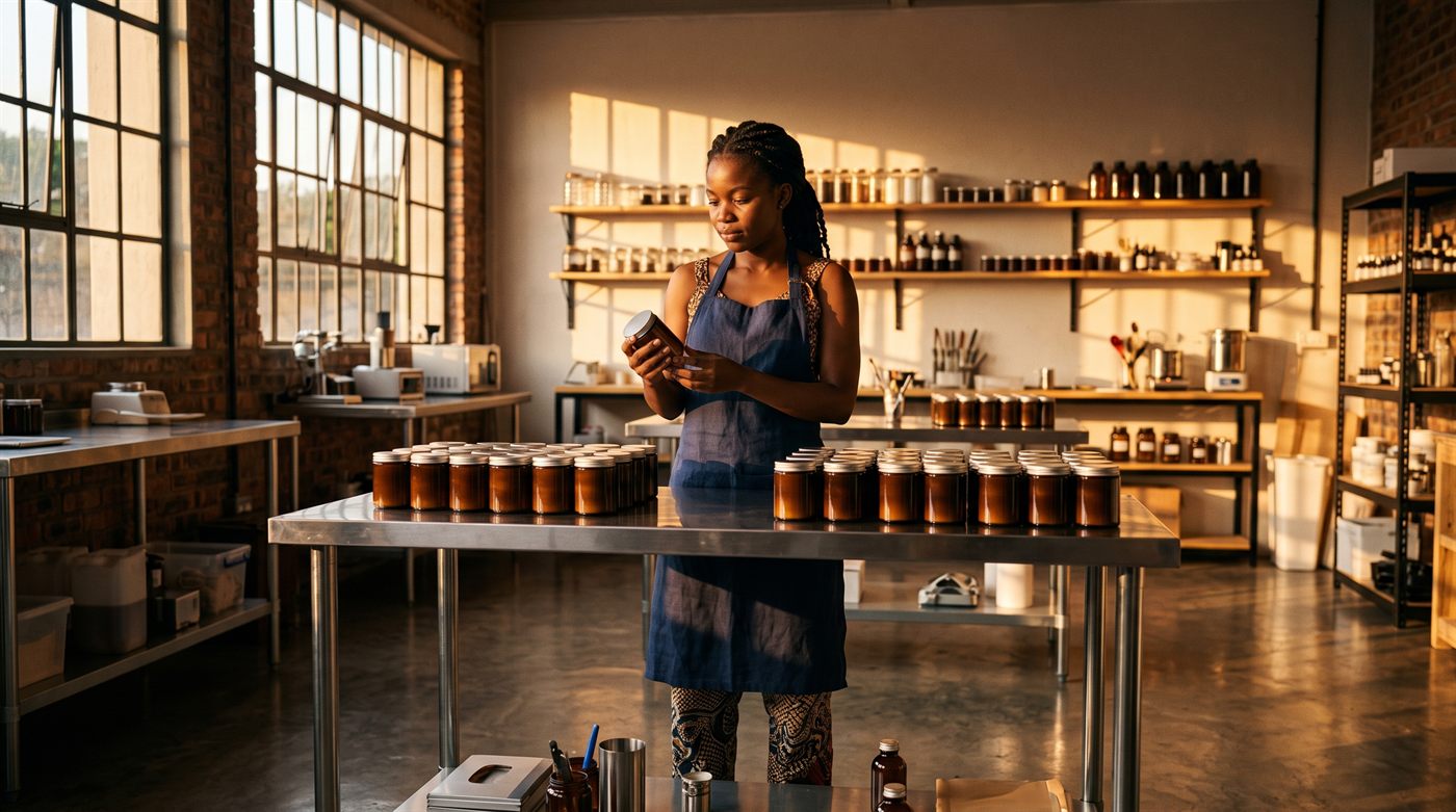 Une jeune fondatrice contrôle ses produits finis dans son atelier de production.