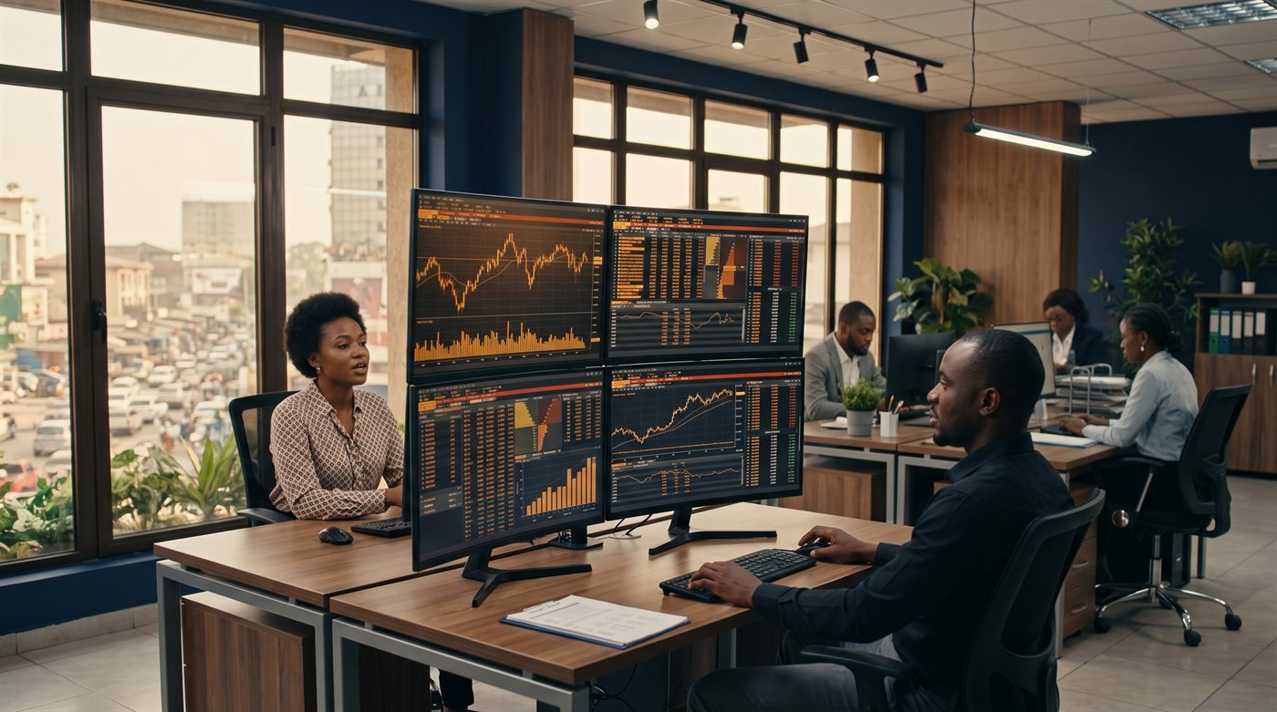Deux analystes devant un terminal de trading professionnel.